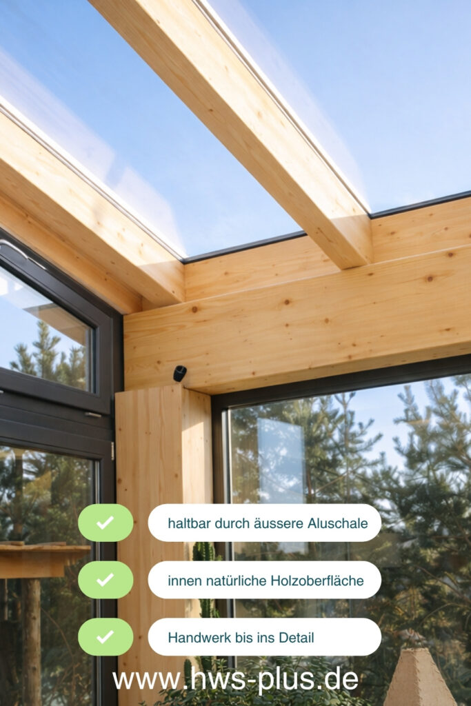 Wintergarten in Holz-Alu-Bauweise mit großer Glasfläche und sichtbarer Holzkonstruktion innen