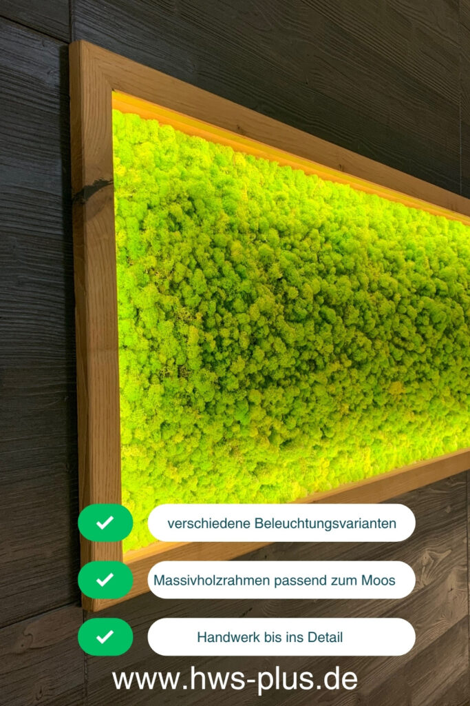 Moosbild mit LED-Beleuchtung und Massivholzrahmen als moderne Wandgestaltung